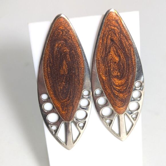 Vintage 80s Swirled Brown Enamel Silver Tone Cut Out Boho Post Stud Earrings - Picture 1 of 4